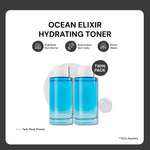 Two bottles of CLEF Ocean Elixir Hydrating Toner placed side by side with promotional text indicating a twin pack.